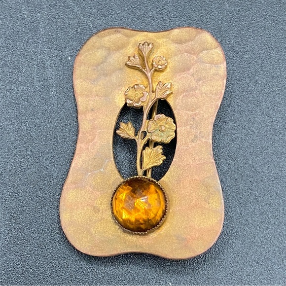 Antique Art Nouveau Brass Thistle Brooch with Citrine Colored Cabochon - Picture 1 of 10